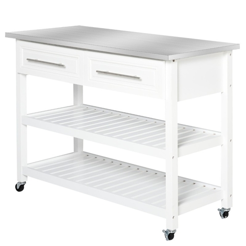 White Rolling Kitchen Island 2 Drawers Storage With Stainless Steel Top