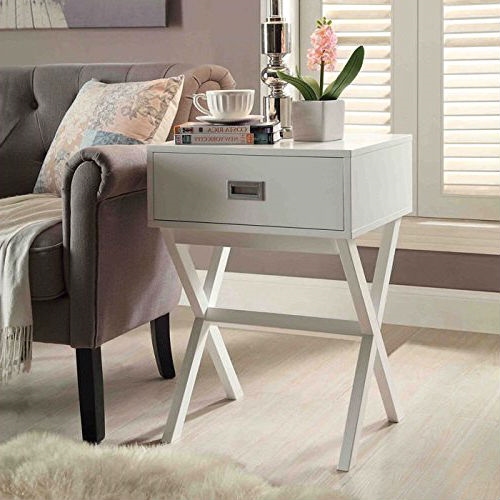 White Modern 1 Drawer End Table Nightstand With X Legs