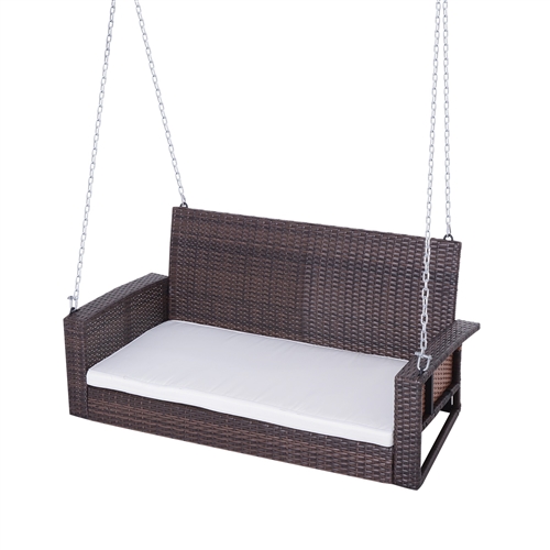 Espresso Wicker Porch Swing 7ft Hanging Chain With Cream Padded Cushion 