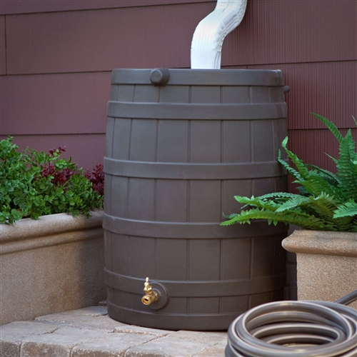 40-Gallon Durable Plastic Resin Rain Barrel in Brown Oak Finish with ...