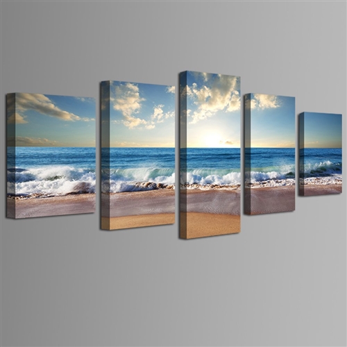 Beach Ocean Seascape 5-Panel Framed Canvas Print Wall Art ...