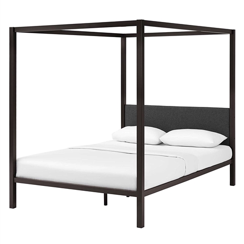 Queen size Brown Metal Canopy Bed Frame with Grey Upholstered Headboard ...