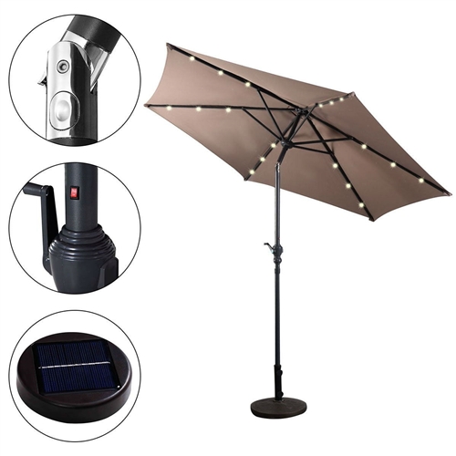 Tan 9-Ft Patio Umbrella with Steel Pole Crank Tilt and Solar LED Lights ...