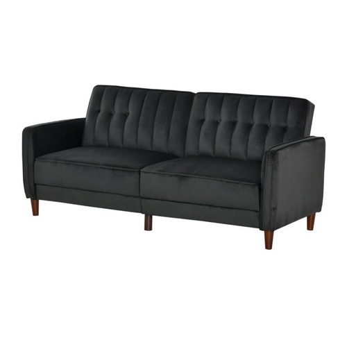 Mid-Century Modern Futon Sleeper Sofa Bed in Black Velvet Upholstery ...