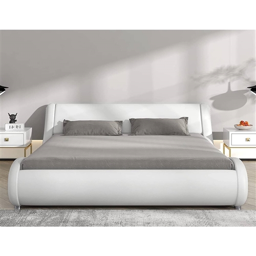 King Modern White Faux Leather Upholstered Platform Bed Frame with