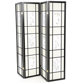 Black 4-Panel Room Divider Shoji Screen with Asian Floral Print ...